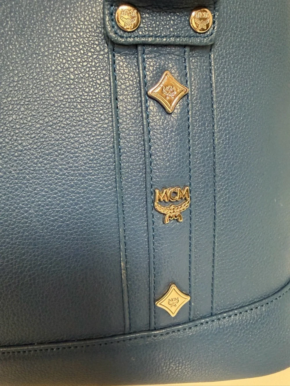 MCM Blue Leather Satchel Bag Gold Hardware Structured Top Handle Purse Dome Bag